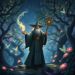 A fantastical scene inspired by a mage RPG, focusing on a powerful wizard in an ancient, enchanted forest