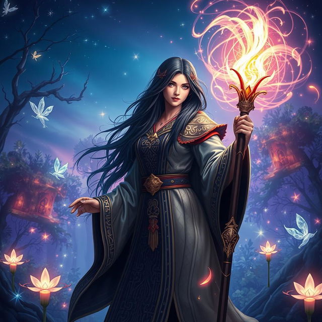 A stunning scene featuring a beautiful black-haired mage in a magical RPG setting