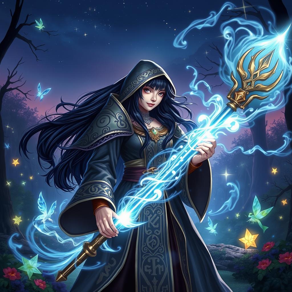 A stunning scene featuring a beautiful black-haired mage in a magical RPG setting