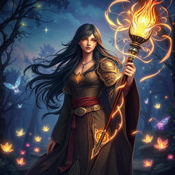 A stunning scene featuring a beautiful black-haired mage in a magical RPG setting