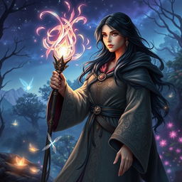 A stunning scene featuring a beautiful black-haired mage in a magical RPG setting