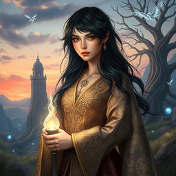 A captivating portrait of a beautiful black-haired mage set in a magical RPG world