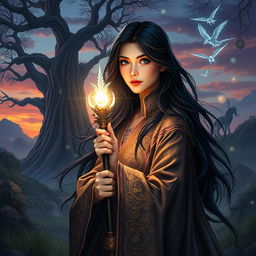 A captivating portrait of a beautiful black-haired mage set in a magical RPG world