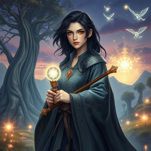 A captivating portrait of a beautiful black-haired mage set in a magical RPG world