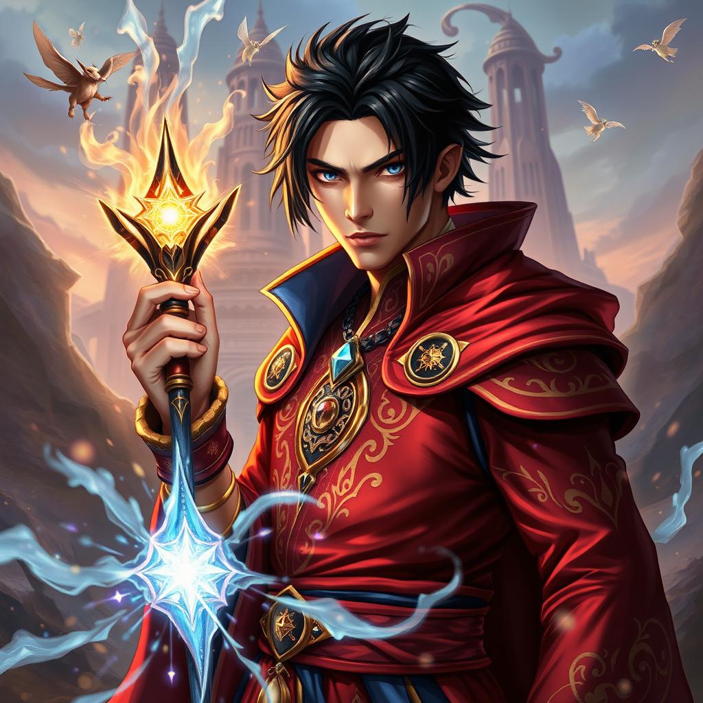 A captivating image of a handsome black-haired male mage set in a vibrant RPG world