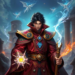 A captivating image of a handsome black-haired male mage set in a vibrant RPG world