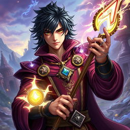 A captivating image of a handsome black-haired male mage set in a vibrant RPG world