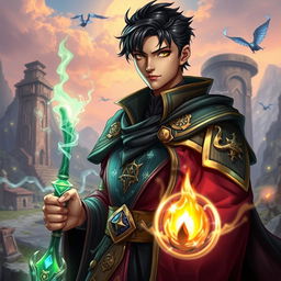 A captivating image of a handsome black-haired male mage set in a vibrant RPG world