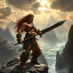A high fantasy scene featuring a muscular barbarian warrior reminiscent of Conan the Barbarian