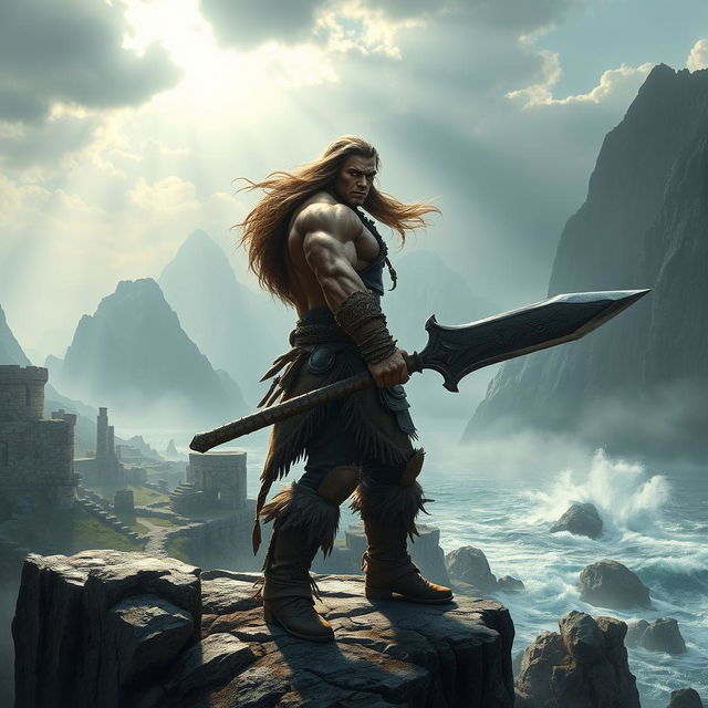 A high fantasy scene featuring a muscular barbarian warrior reminiscent of Conan the Barbarian