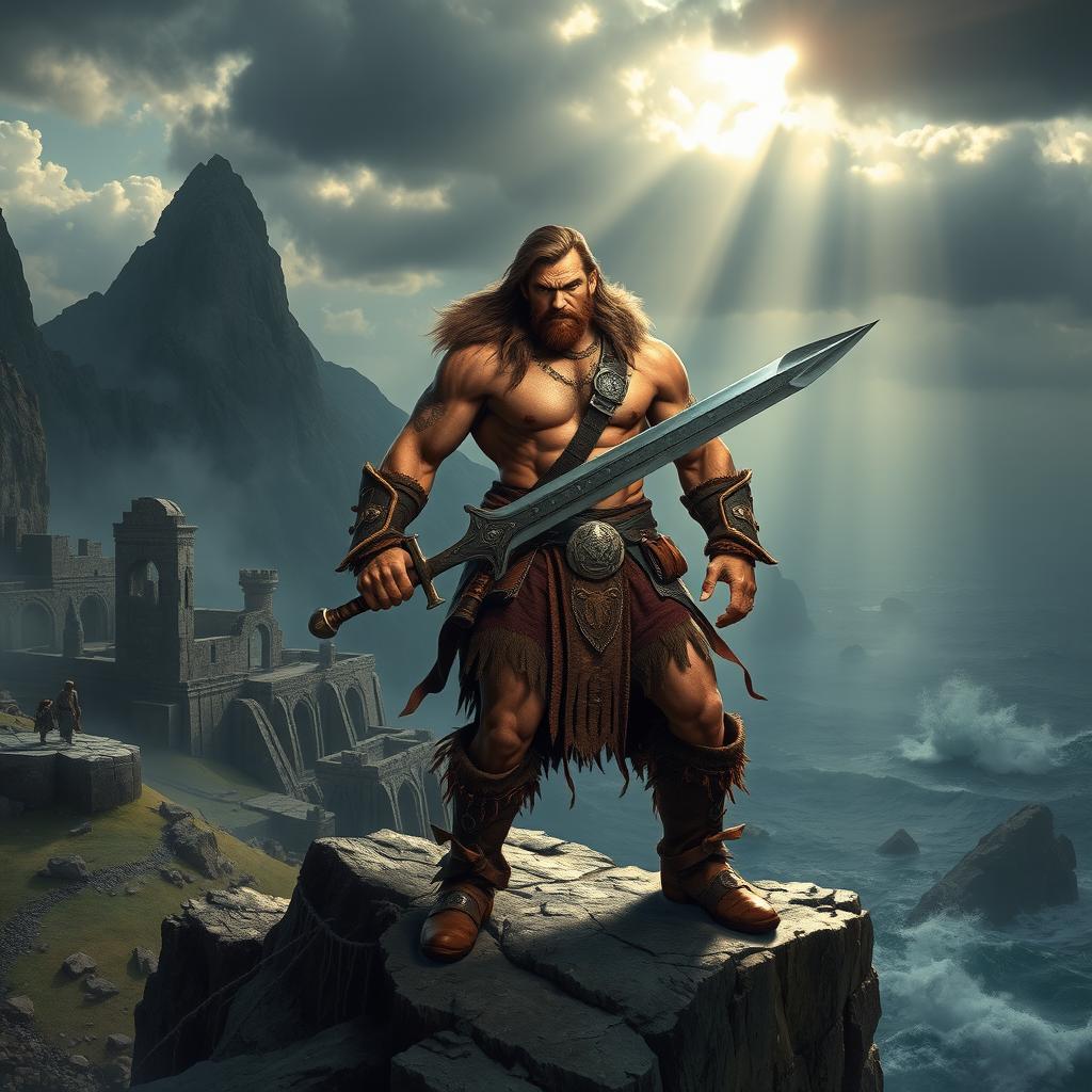 A high fantasy scene featuring a muscular barbarian warrior reminiscent of Conan the Barbarian