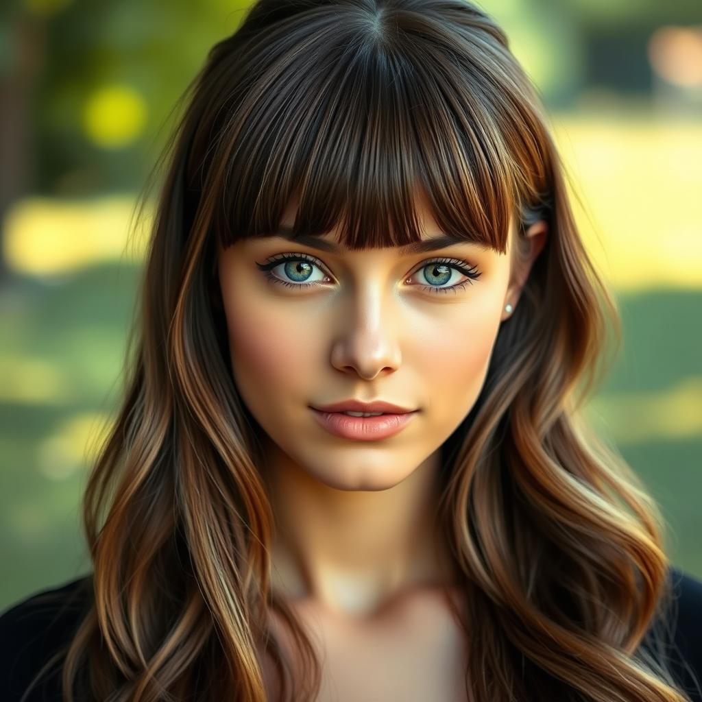 A beautiful young woman with sharp features sporting a stylish fringe haircut that accentuates her facial structure