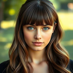 A beautiful young woman with sharp features sporting a stylish fringe haircut that accentuates her facial structure