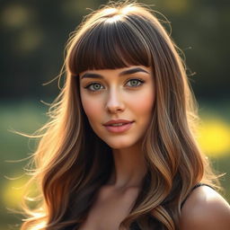 A beautiful young woman with sharp features sporting a stylish fringe haircut that accentuates her facial structure