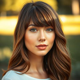 A beautiful young woman with sharp features sporting a stylish fringe haircut that accentuates her facial structure