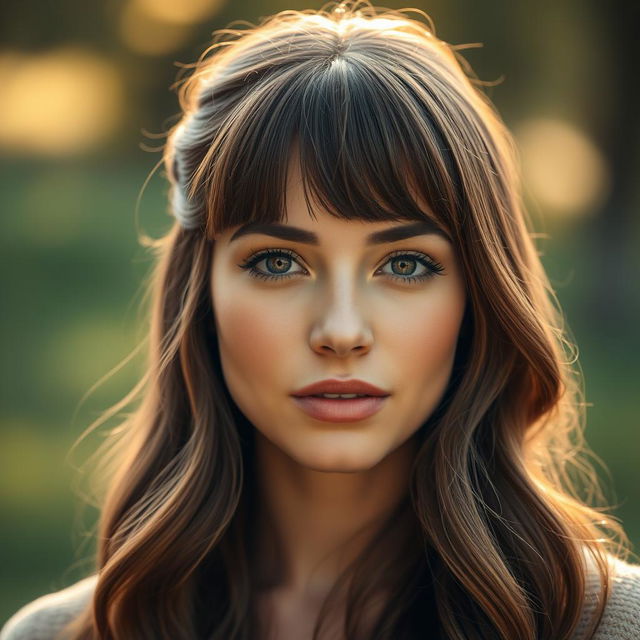 A beautiful young woman with sharp features sporting a stylish fringe haircut that accentuates her facial structure