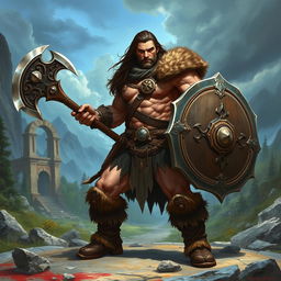 A powerful barbarian warrior inspired by Conan, wielding a large, ornate battle axe and a rugged shield