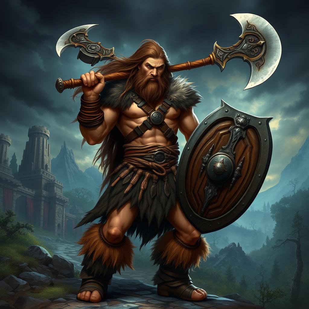 A powerful barbarian warrior inspired by Conan, wielding a large, ornate battle axe and a rugged shield