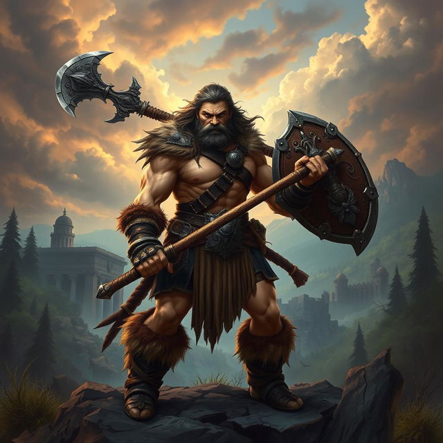 A powerful barbarian warrior inspired by Conan, wielding a large, ornate battle axe and a rugged shield