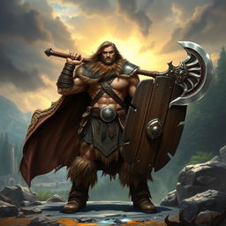 A powerful barbarian warrior inspired by Conan, wielding a large, ornate battle axe and a rugged shield