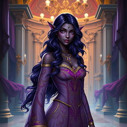 A 20-year-old purple Tiefling princess with wavy, flowing hair cascading down her shoulders