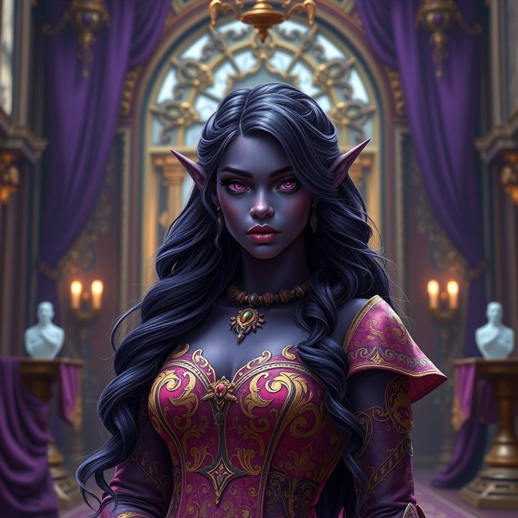 A 20-year-old purple Tiefling princess with wavy, flowing hair cascading down her shoulders