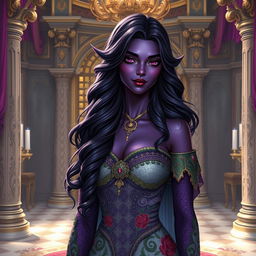 A 20-year-old purple Tiefling princess with wavy, flowing hair cascading down her shoulders