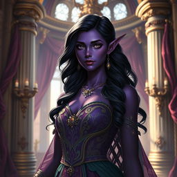 A 20-year-old purple Tiefling princess with wavy, flowing hair cascading down her shoulders