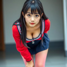 A light-skinned school girl in a detailed school uniform, composed of a vibrant red long-sleeve top with a generous neckline, allowing for a tasteful display of her medium-sized breasts