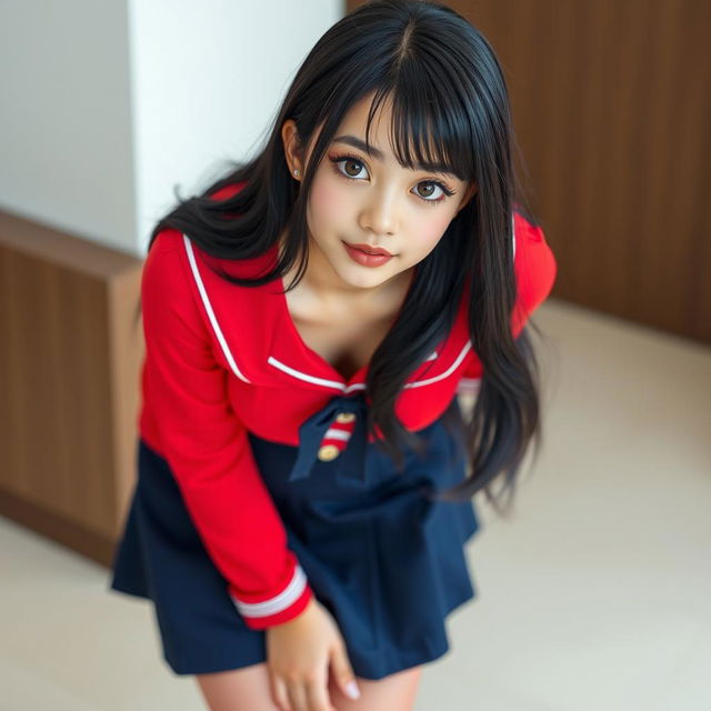 A light-skinned school girl in a detailed school uniform, composed of a vibrant red long-sleeve top with a generous neckline, allowing for a tasteful display of her medium-sized breasts