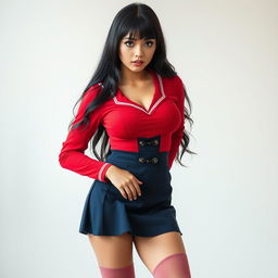 A light-skinned school girl in a detailed school uniform, composed of a vibrant red long-sleeve top with a generous neckline, allowing for a tasteful display of her medium-sized breasts