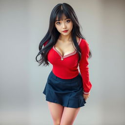 A light-skinned school girl in a detailed school uniform, composed of a vibrant red long-sleeve top with a generous neckline, allowing for a tasteful display of her medium-sized breasts
