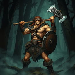 A muscular barbarian warrior, inspired by Conan the Barbarian, wielding a large, intricately designed axe and a round shield
