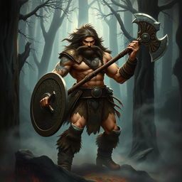 A muscular barbarian warrior, inspired by Conan the Barbarian, wielding a large, intricately designed axe and a round shield