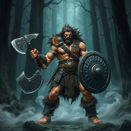 A muscular barbarian warrior, inspired by Conan the Barbarian, wielding a large, intricately designed axe and a round shield