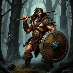 A muscular barbarian warrior, inspired by Conan the Barbarian, wielding a large, intricately designed axe and a round shield