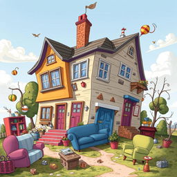 A whimsical and surreal illustration of a house built by drunken Russians, showcasing a chaotic yet colorful design