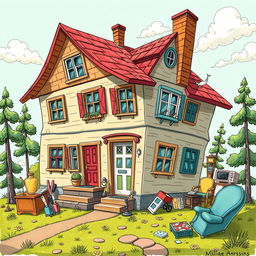 A whimsical and surreal illustration of a house built by drunken Russians, showcasing a chaotic yet colorful design