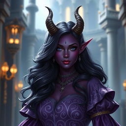 A stunning 20-year-old Tiefling princess with wavy, flowing hair and radiant dark purple skin