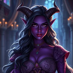A stunning 20-year-old Tiefling princess with wavy, flowing hair and radiant dark purple skin