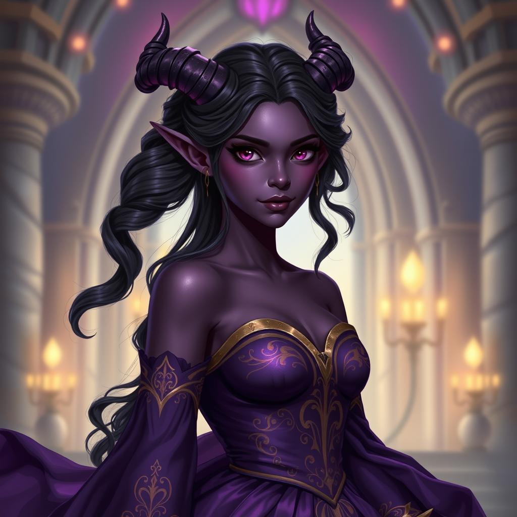 A stunning 20-year-old Tiefling princess with wavy, flowing hair and radiant dark purple skin