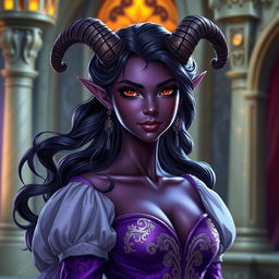A stunning 20-year-old Tiefling princess with wavy, flowing hair and radiant dark purple skin