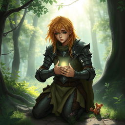 A frail, sad paladin kneeling in a serene forest, with soft sunlight filtering through the trees