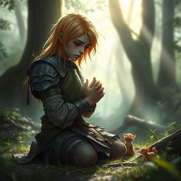 A frail, sad paladin kneeling in a serene forest, with soft sunlight filtering through the trees