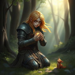 A frail, sad paladin kneeling in a serene forest, with soft sunlight filtering through the trees