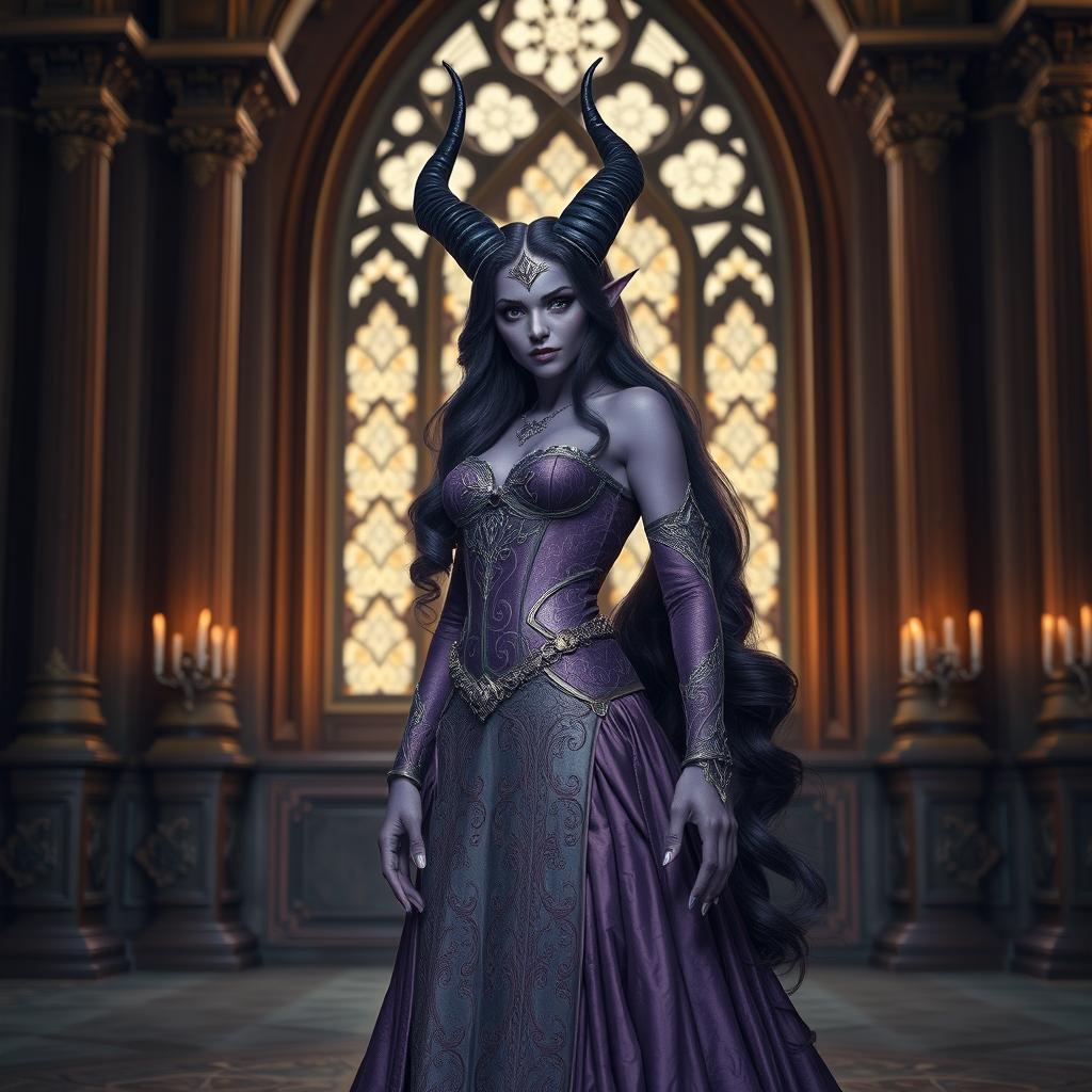 A regal 20-year-old purple Tiefling princess standing confidently