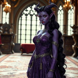A regal 20-year-old purple Tiefling princess standing confidently