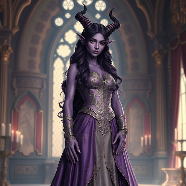 A regal 20-year-old purple Tiefling princess standing confidently