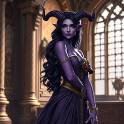 A regal 20-year-old purple Tiefling princess standing confidently