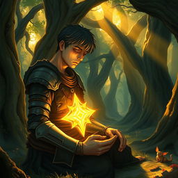 A frail, sorrowful male paladin kneeling in a mystical RPG-inspired forest